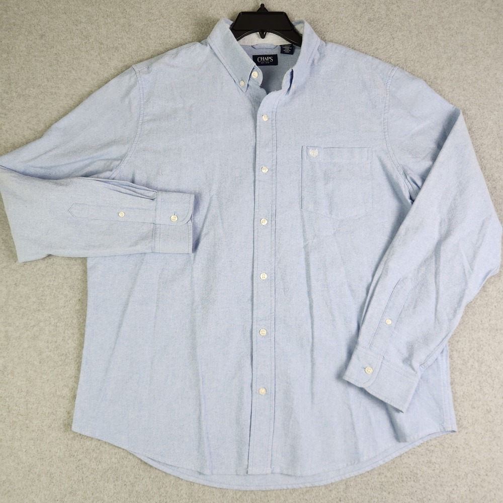 Chaps Shirt Mens XL Blue Oxford Solid Cotton Classic Fit Pleated Button Down